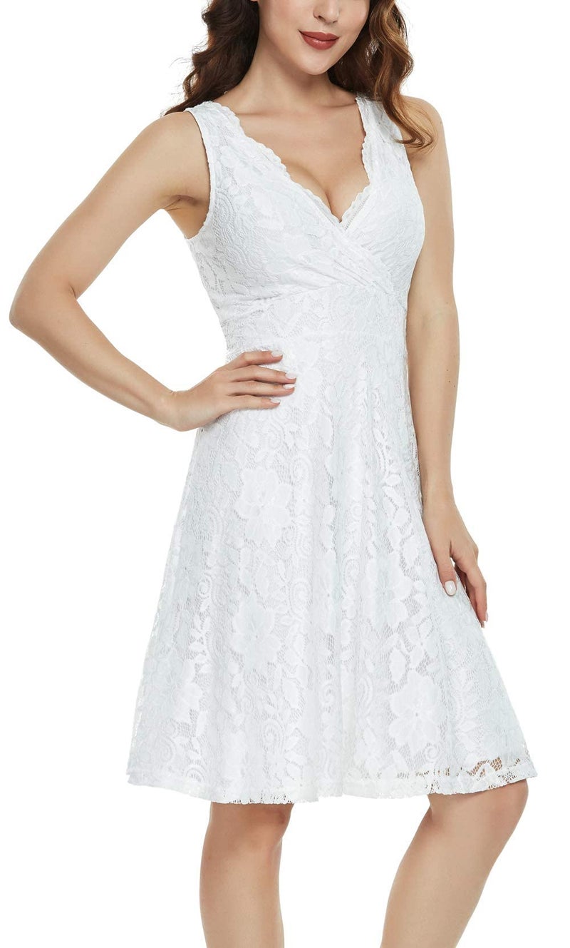 MISS MOLY Lace Dresses for Women Overlay Fit and Flare Dress V Neck White Elegant Wedding Dress Skater Party Dresses M - Image 3